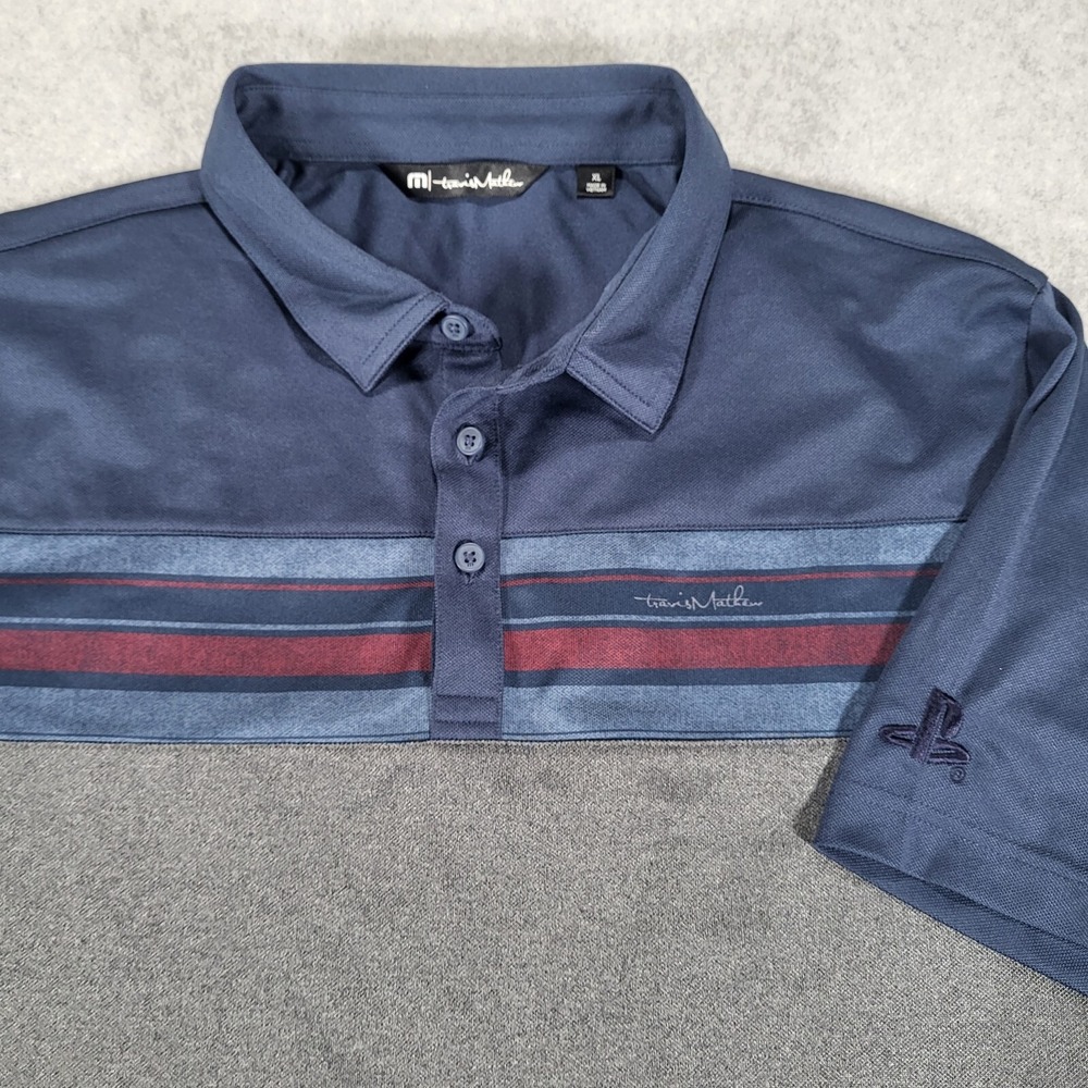 Travis Mathew Short Sleeve Polo Mens XL Blue Gray Red Stripe‎ Playstation Logo